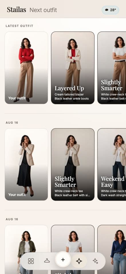 The real Next outfit screen with outfit ideas generated from owned clothes